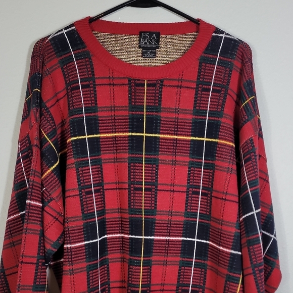 JOS A BANK Mens Plaid Crewneck Sweater Size XL Red Cotton Vintage Grandpa Y2K - Picture 2 of 11